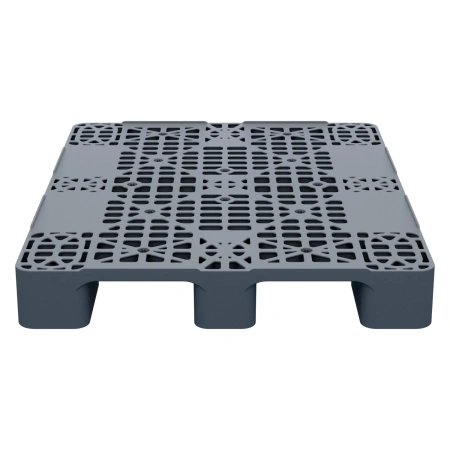 Пластиковый паллет 1200x1000x150 мм серый многооборотный перфорированный на 3-х полозьях с бортиком