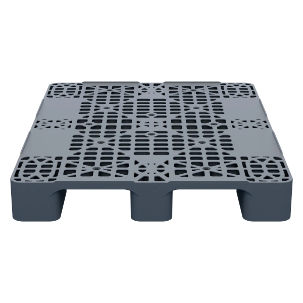 Пластиковый паллет 1200x1000x150 мм серый многооборотный перфорированный на 3-х полозьях с бортиком