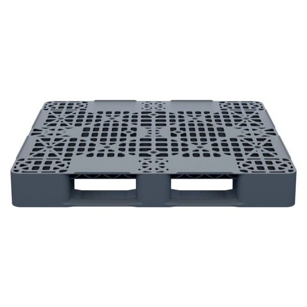 Пластиковый паллет 1200x1000x150 мм серый многооборотный перфорированный на 3-х полозьях с бортиком