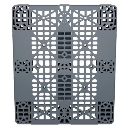 Пластиковый паллет 1200x1000x150 мм серый многооборотный перфорированный на 3-х полозьях с бортиком