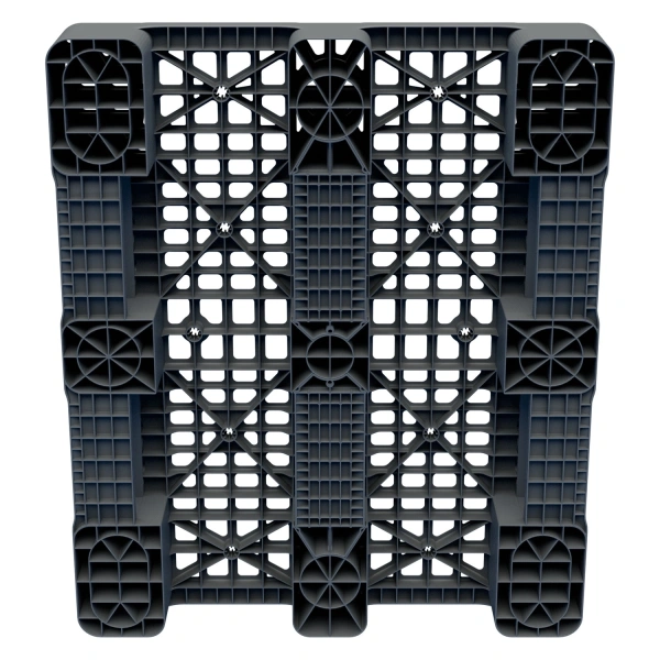 Пластиковый паллет 1200x1000x150 мм серый многооборотный перфорированный на 3-х полозьях с бортиком